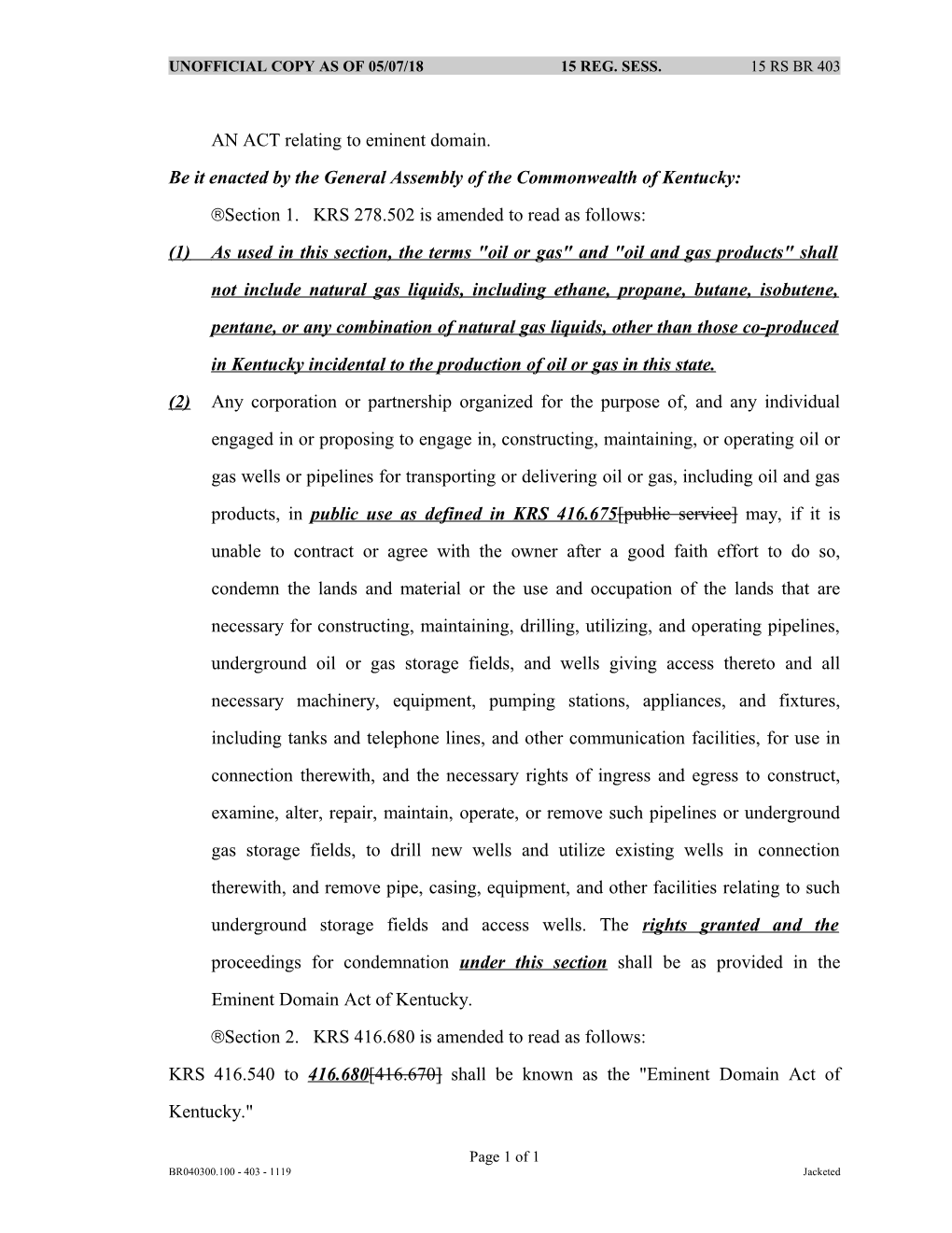 AN ACT Relating to Eminent Domain s1