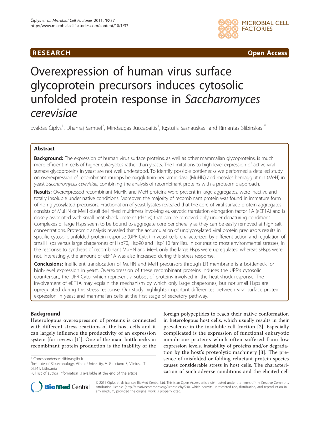 Overexpression of Human Virus Surface Glycoprotein Precursors Induces Cytosolic Unfolded Protein Response in Saccharomyces Cerevisiae