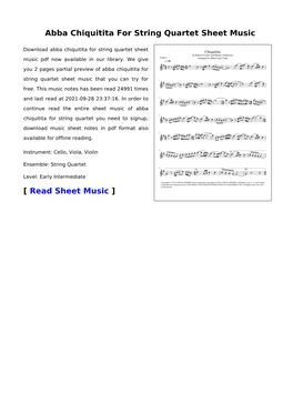 Abba Chiquitita for String Quartet Sheet Music