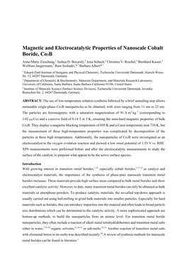 Magnetic and Electrocatalytic Properties of Nanoscale Cobalt Boride, Co3b Anne-Marie Zieschang,1 Joshua D