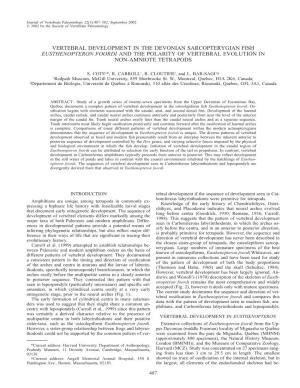 Vertebral Development in the Devonian Sarcopterygian Fish Eusthenopteron Foordi and the Polarity of Vertebral Evolution in Non-Amniote Tetrapods