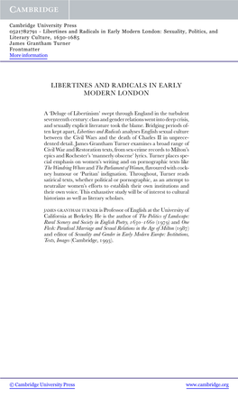 Libertines and Radicals in Early Modern London: Sexuality, Politics, and Literary Culture, 1630-1685 James Grantham Turner Frontmatter More Information