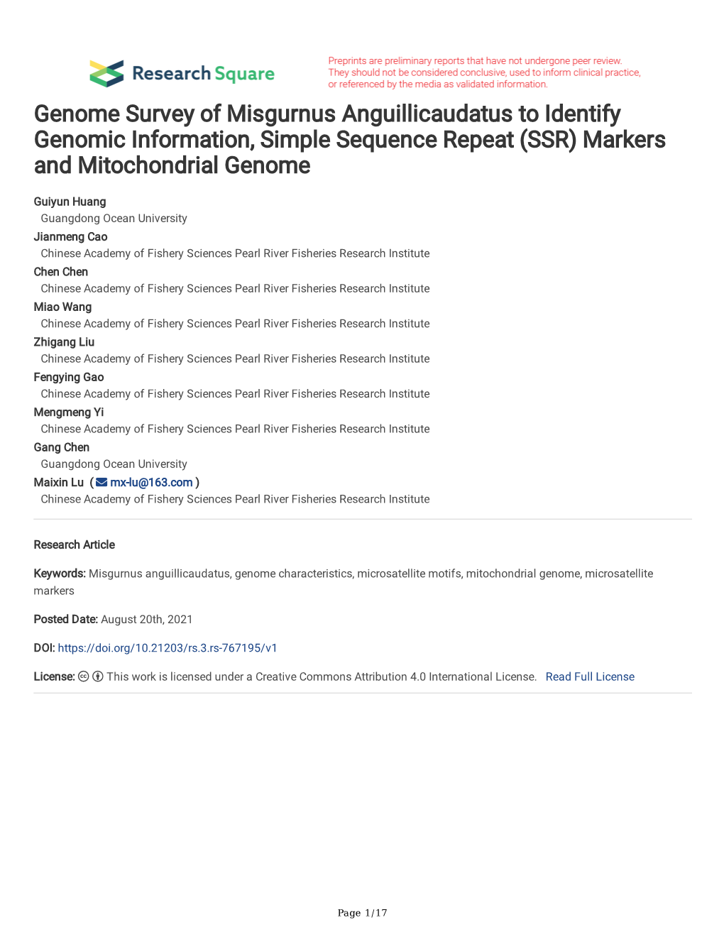 Genome Survey of Misgurnus Anguillicaudatus to Identify Genomic Information, Simple Sequence Repeat (SSR) Markers and Mitochondrial Genome