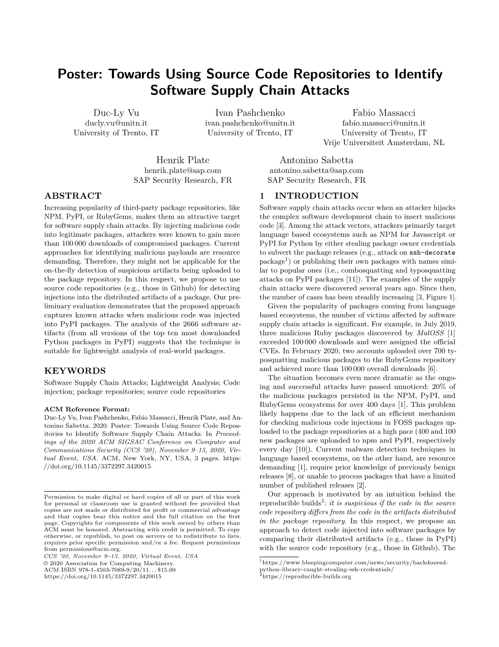 Poster: Towards Using Source Code Repositories to Identify Software Supply Chain Attacks