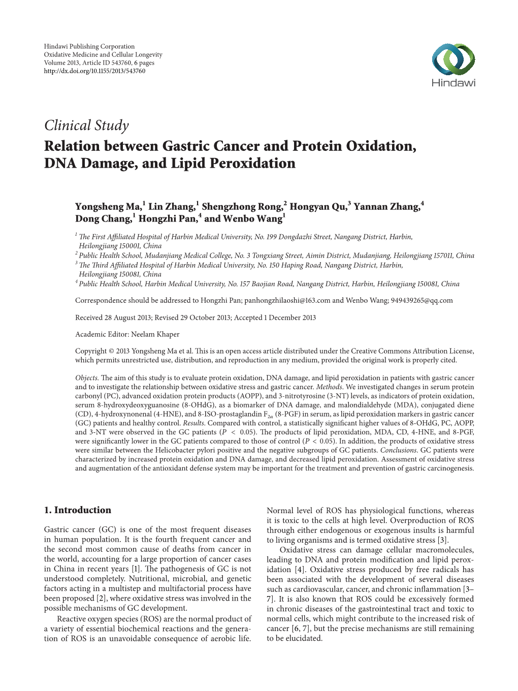 Clinical Study Relation Between Gastric Cancer and Protein Oxidation, DNA Damage, and Lipid Peroxidation