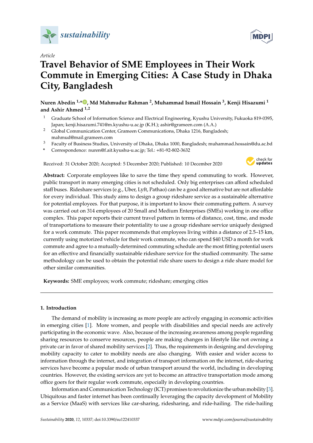 Travel Behavior of SME Employees in Their Work Commute in Emerging Cities: a Case Study in Dhaka City, Bangladesh