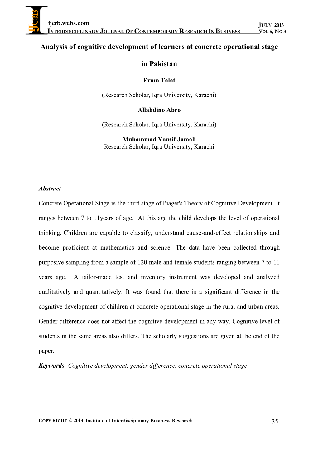 Analysis of Cognitive Development of Learners at Concrete Operational Stage