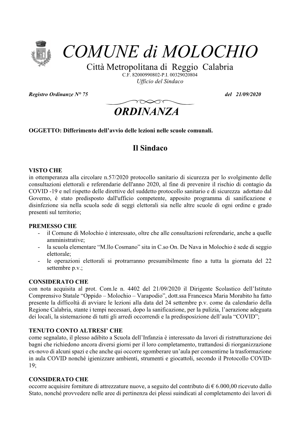 COMUNE Di MOLOCHIO Città Metropolitana Di Reggio Calabria C.F