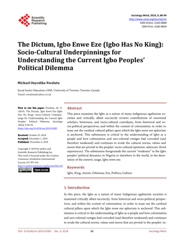 Igbo Has No King): Socio-Cultural Underpinnings for Understanding the Current Igbo Peoples’ Political Dilemma
