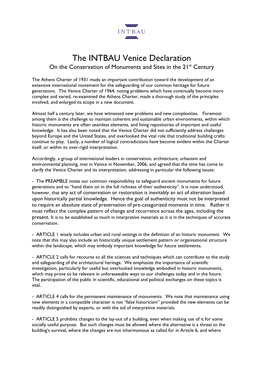 The INTBAU Venice Declaration on the Conservation of Monuments and Sites in the 21St Century