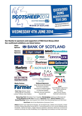 Our Thanks to Sponsors and Supporters of NSA Scot Sheep 2014 Our Confirmed Exhibitors Are Listed Below
