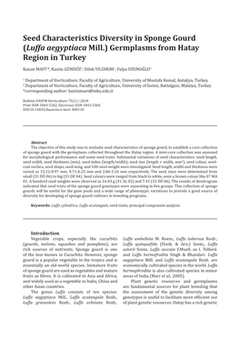 Seed Characteristics Diversity in Sponge Gourd (Luffa Aegyptiaca Mill.) Germplasms from Hatay Region in Turkey