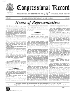 Congressional Record United States Th of America PROCEEDINGS and DEBATES of the 111 CONGRESS, FIRST SESSION