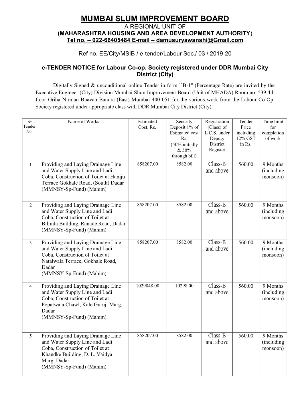 MUMBAI SLUM IMPROVEMENT BOARD a REGIONAL UNIT of (MAHARASHTRA HOUSING and AREA DEVELOPMENT AUTHORITY) Tel No