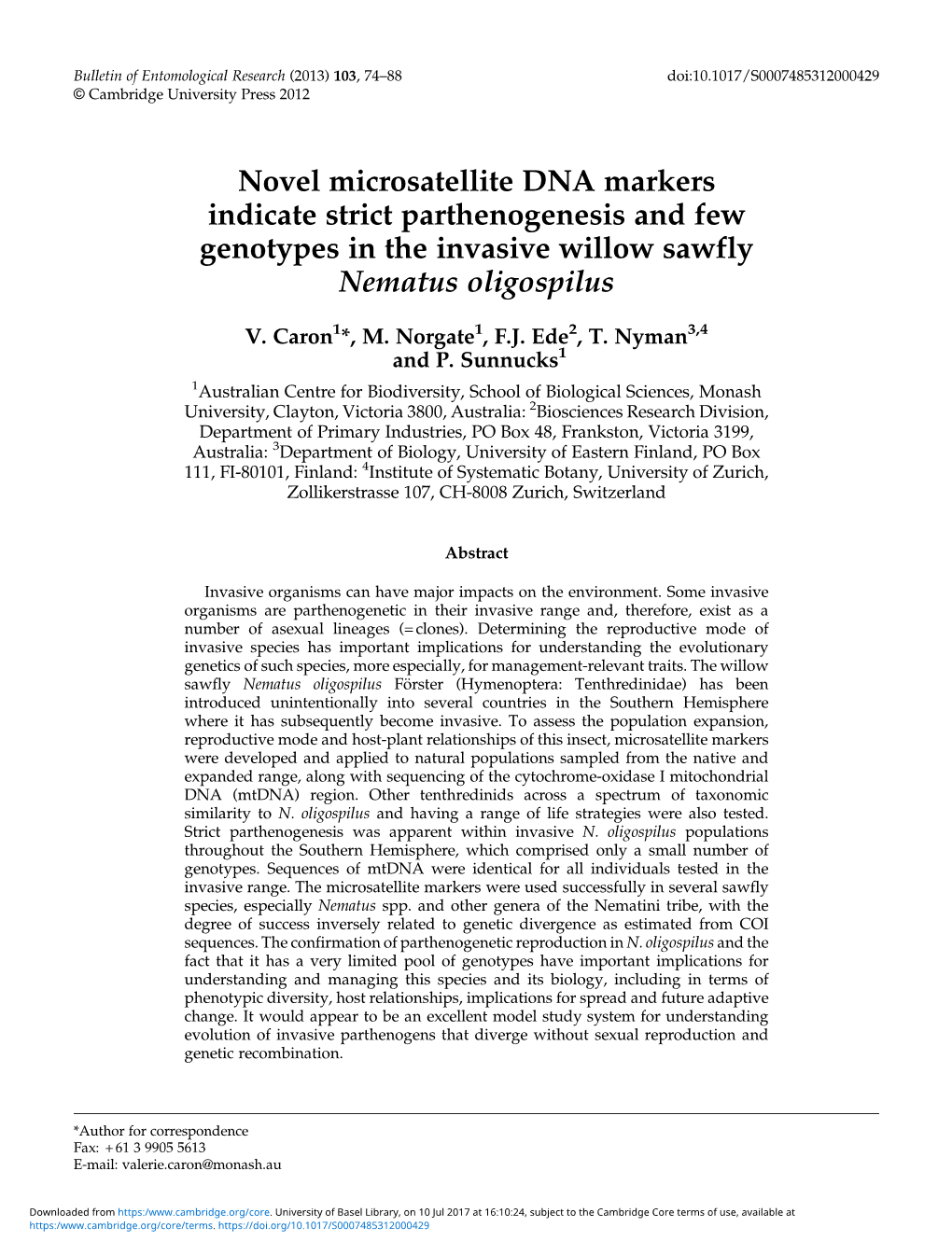 Novel Microsatellite DNA Markers Indicate Strict Parthenogenesis and Few Genotypes in the Invasive Willow Sawfly Nematus Oligospilus
