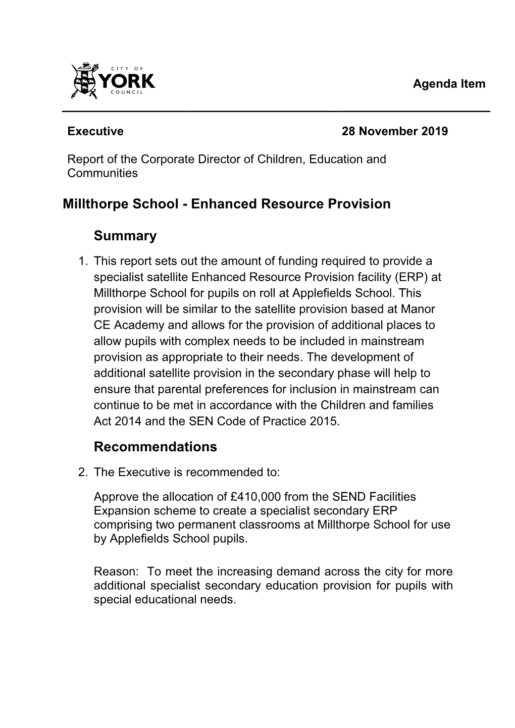 Millthorpe School - Enhanced Resource Provision
