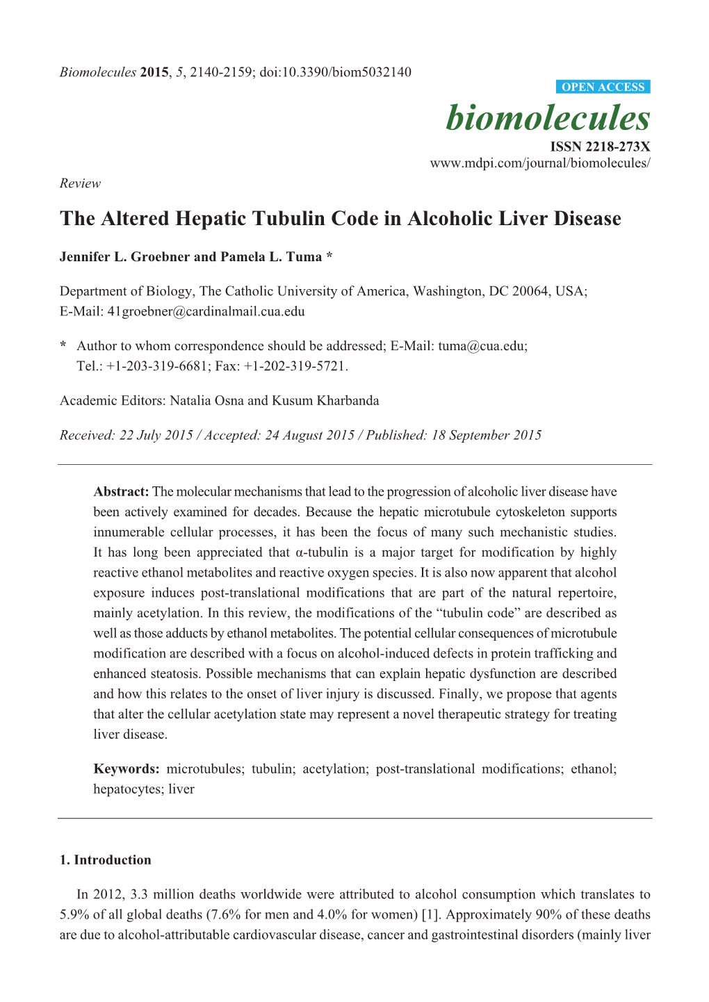 The Altered Hepatic Tubulin Code in Alcoholic Liver Disease