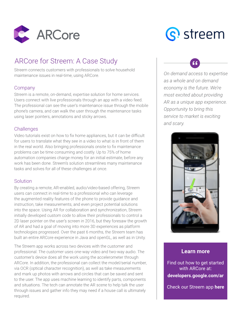 Arcore for Streem: a Case Study Streem Connects Customers with Professionals to Solve Household “ Maintenance Issues in Real-Time, Using Arcore
