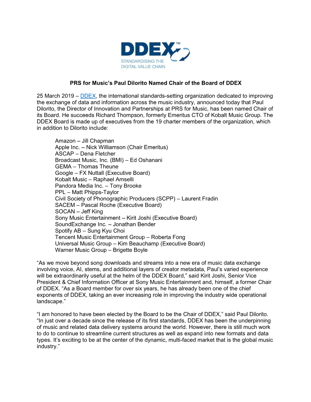 PRS for Music's Paul Dilorito Named Chair of the Board of DDEX 25