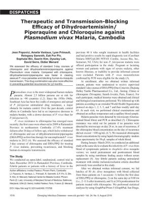 Piperaquine and Chloroquine Against Plasmodium Vivax Malaria, Cambodia