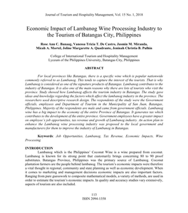 Economic Impact of Lambanog Wine Processing Industry to the Tourism of Batangas City, Philippines