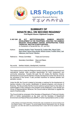 SUMMARY of SENATE BILL on SECOND READING* First Regular Session, Eighteenth Congress