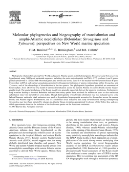 Belonidae: Strongylura and Tylosurus): Perspectives on New World Marine Speciation