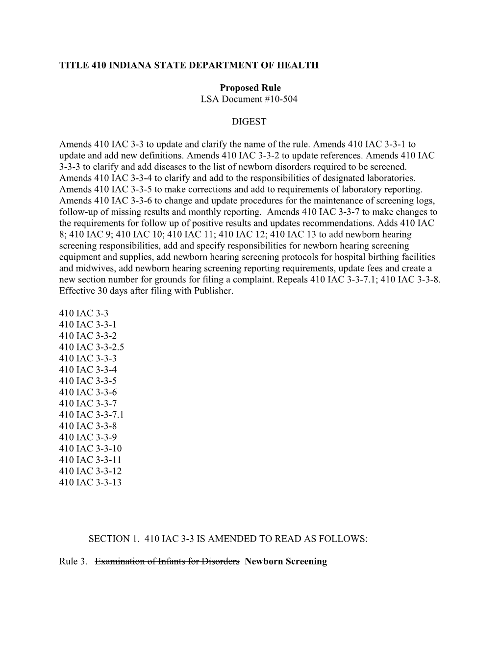 Title 410 Indiana State Department of Health