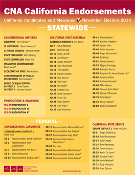 CNA California Endorsements California Candidates and Measures November Election 2014 — STATEWIDE—