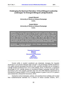 Critical Bilingual Leadership (Liderazgo)1 for Emergent Bilingual Latin@ Students