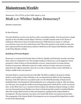 Modi 2.0: Whither Indian Democracy? Mainstream Weekly