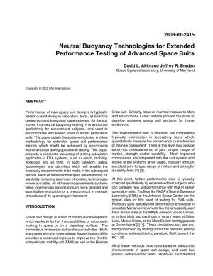 Neutral Buoyancy Technologies for Extended Performance Testing of Advanced Space Suits