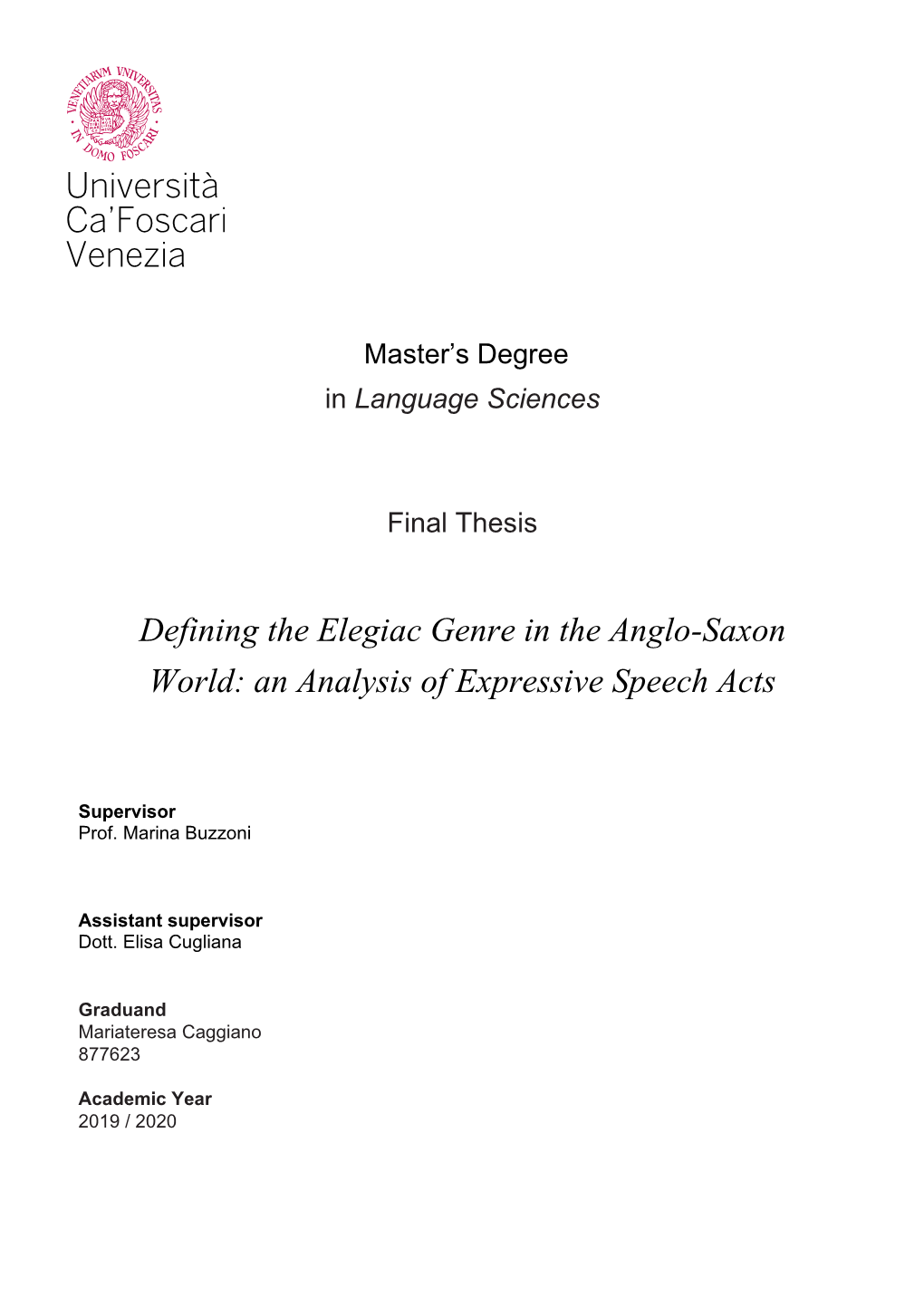 Defining the Elegiac Genre in the Anglo-Saxon World: an Analysis of Expressive Speech Acts