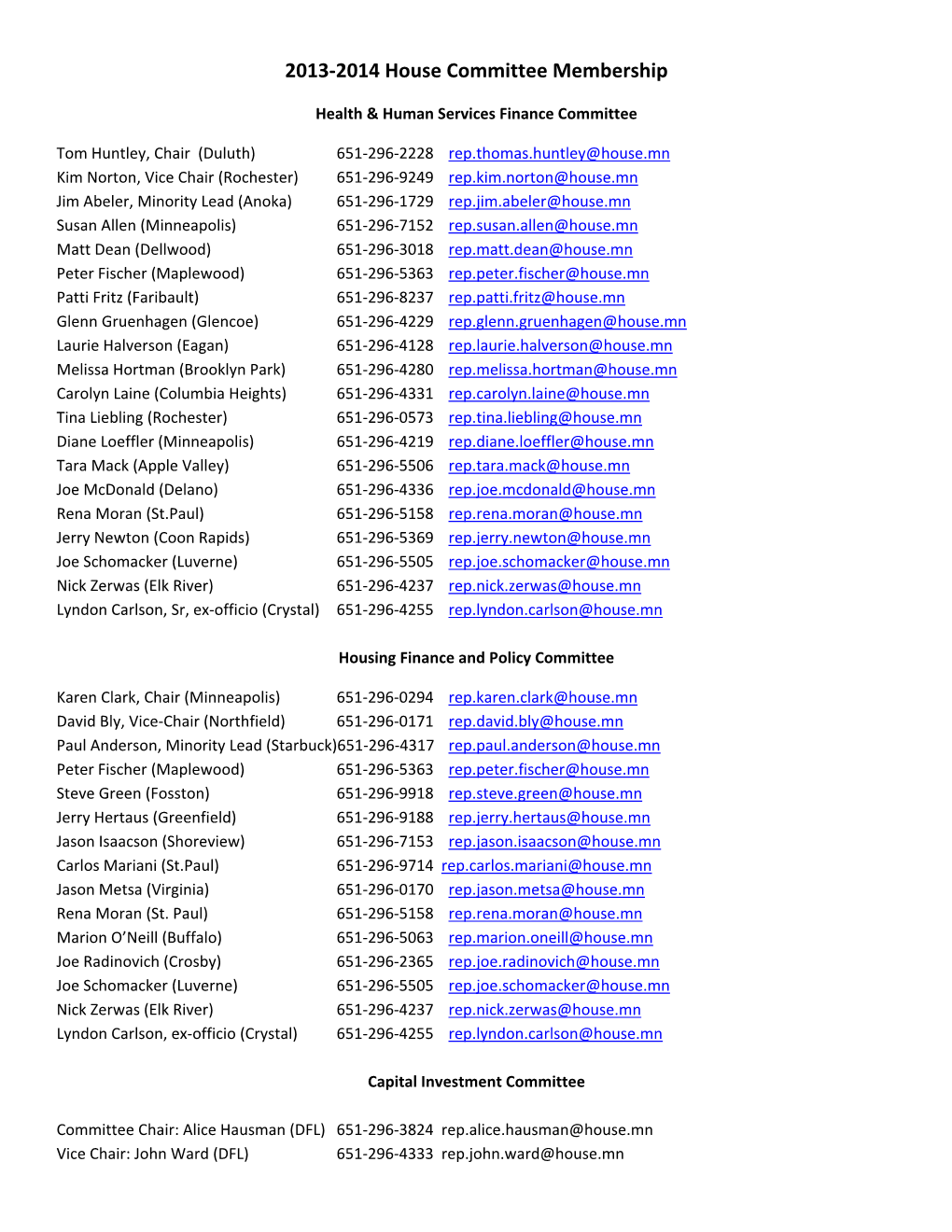 2013-2014 House Committee Membership