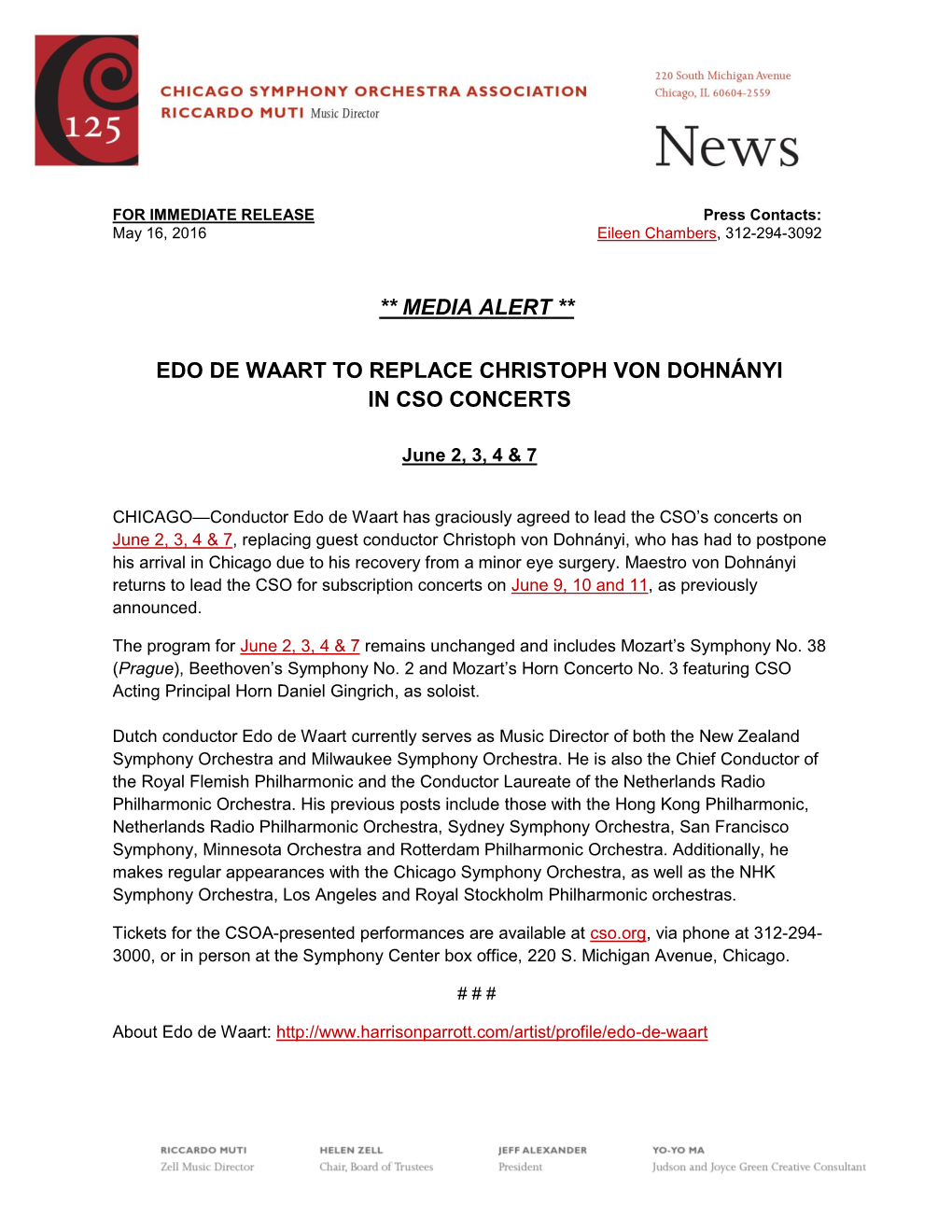 Media Alert ** Edo De Waart To