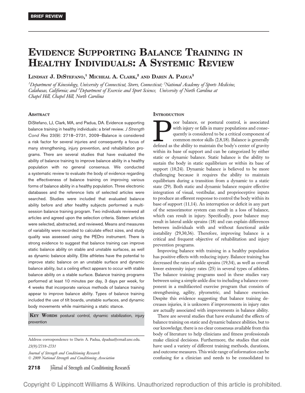 Evidence Supporting Balance Training in Healthy Individuals: Asystemic Review