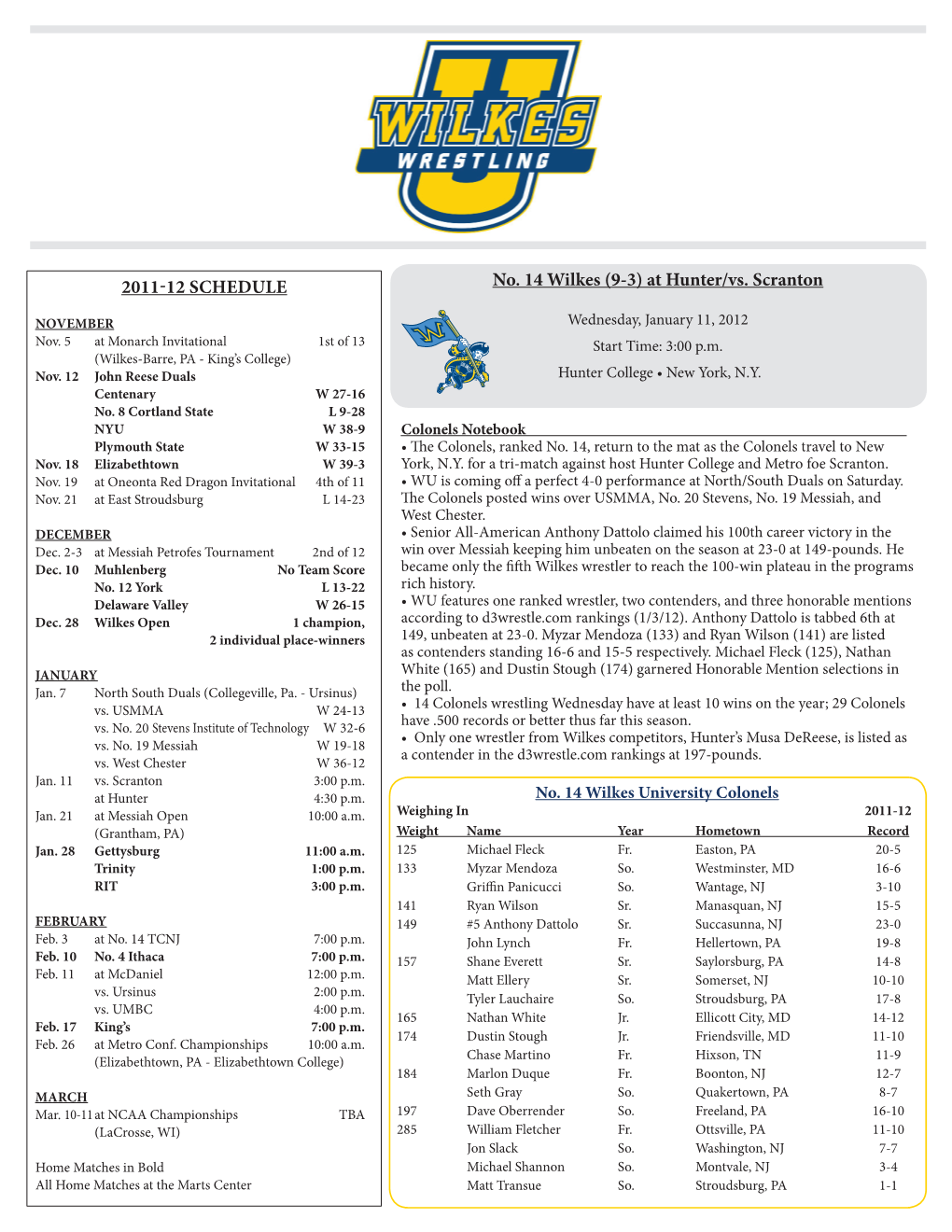 No. 14 Wilkes (9-3) at Hunter/Vs. Scranton 2011-12 Schedule