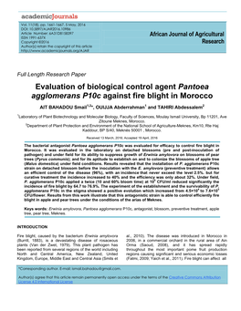 Evaluation of Biological Control Agent Pantoea Agglomerans P10c Against Fire Blight in Morocco