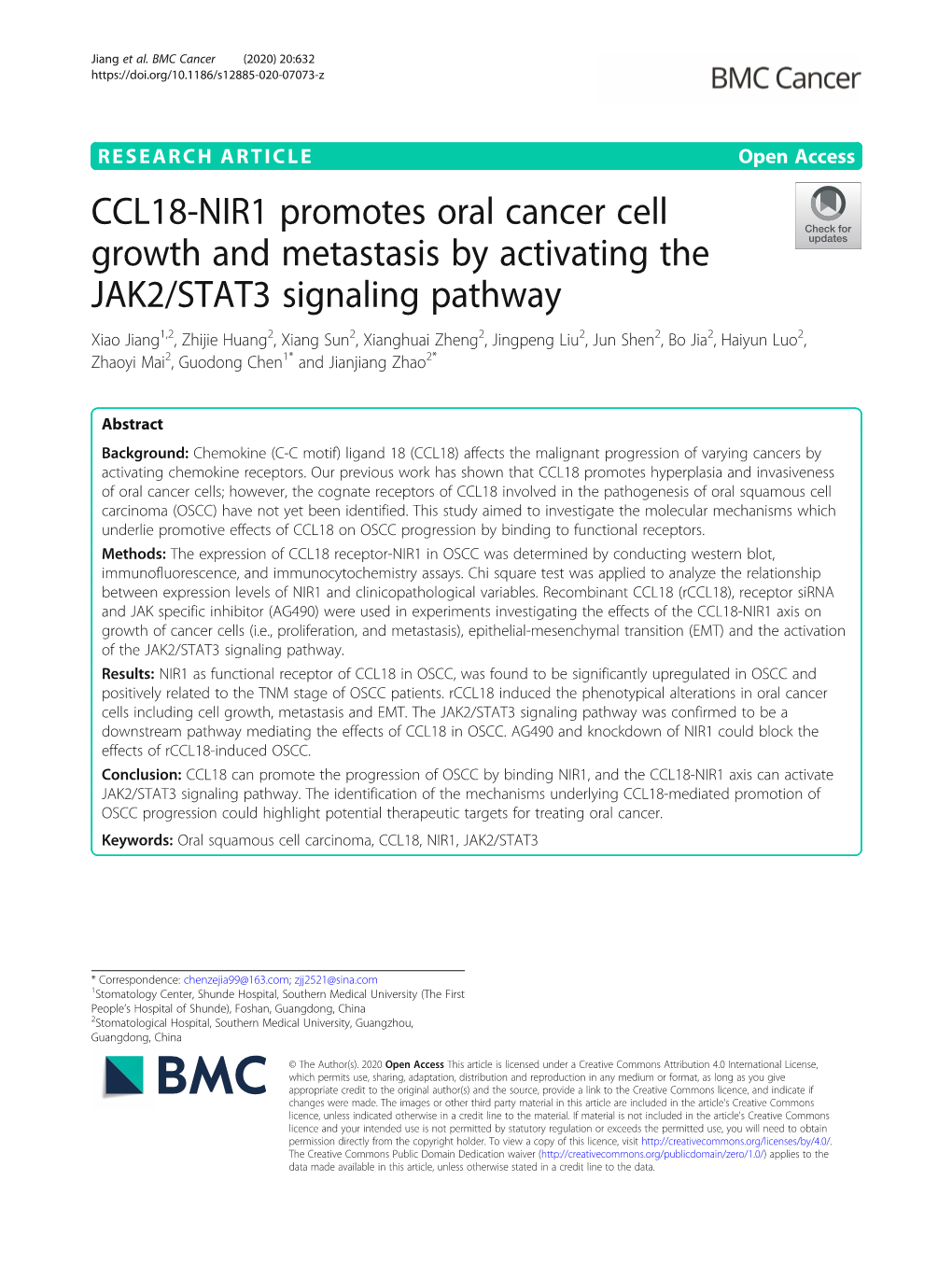 CCL18-NIR1 Promotes Oral Cancer Cell Growth and Metastasis By