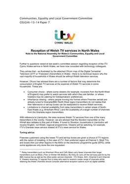 Reception of Welsh TV Services in North Wales Note to the National Assembly for Wales’S Communities, Equality and Local Government Committee