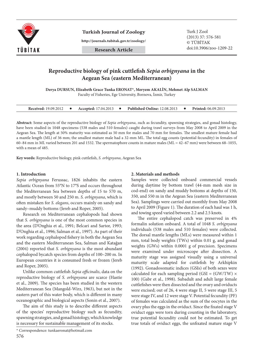 Reproductive Biology of Pink Cuttlefish Sepia Orbignyana in the Aegean Sea (Eastern Mediterranean)