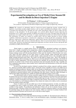 Experimental Investigation on Use of Methyl Ester Kusum Oil and Its Blends in Direct Injection Ci Engine