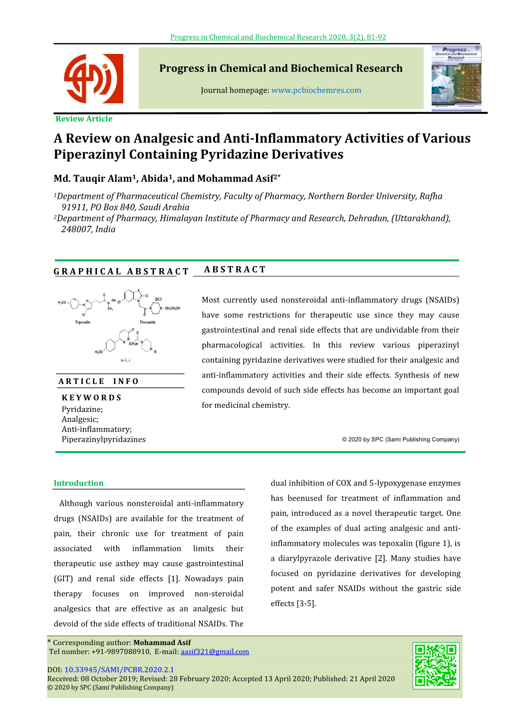 A Review on Analgesic and Anti-Inflammatory Activities of Various Piperazinyl Containing Pyridazine Derivatives