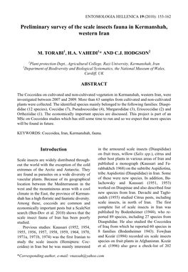 TORABI M., H.A. VAHEDI and C.J. HODGSON. Preliminary Survey of the Scale Insects Fauna in Kermanshah