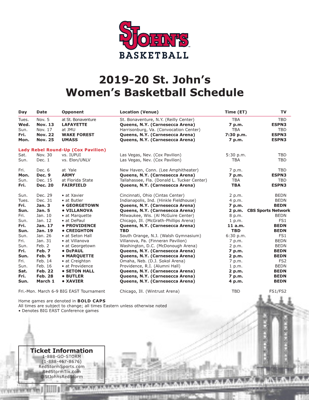 2019-20 St. John's Women's Basketball Schedule