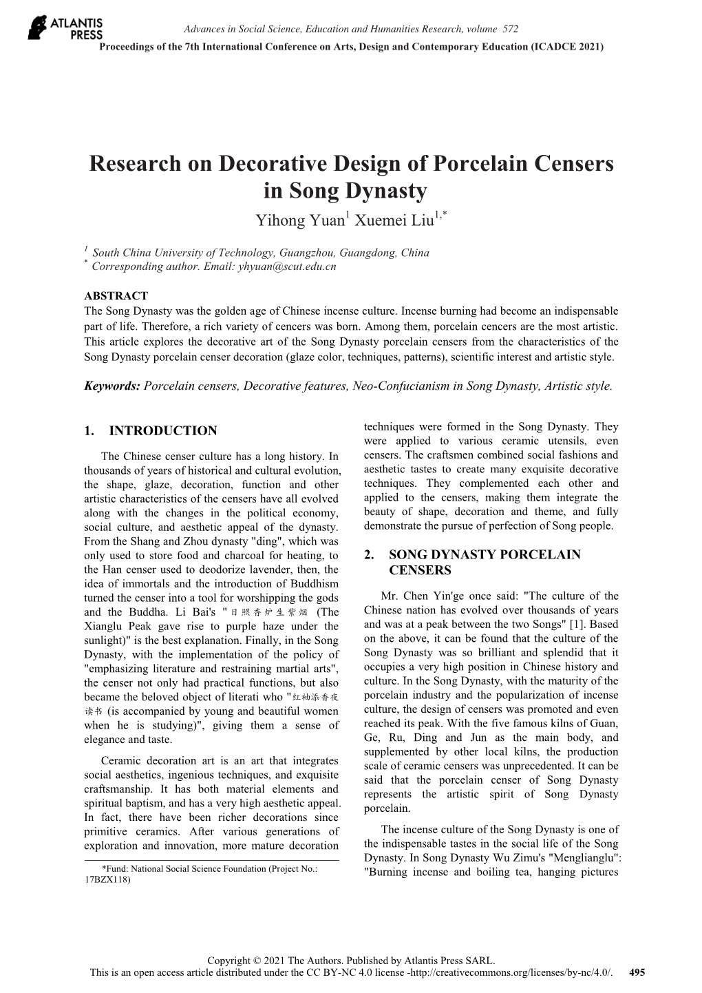 Research on Decorative Design of Porcelain Censers in Song Dynasty*