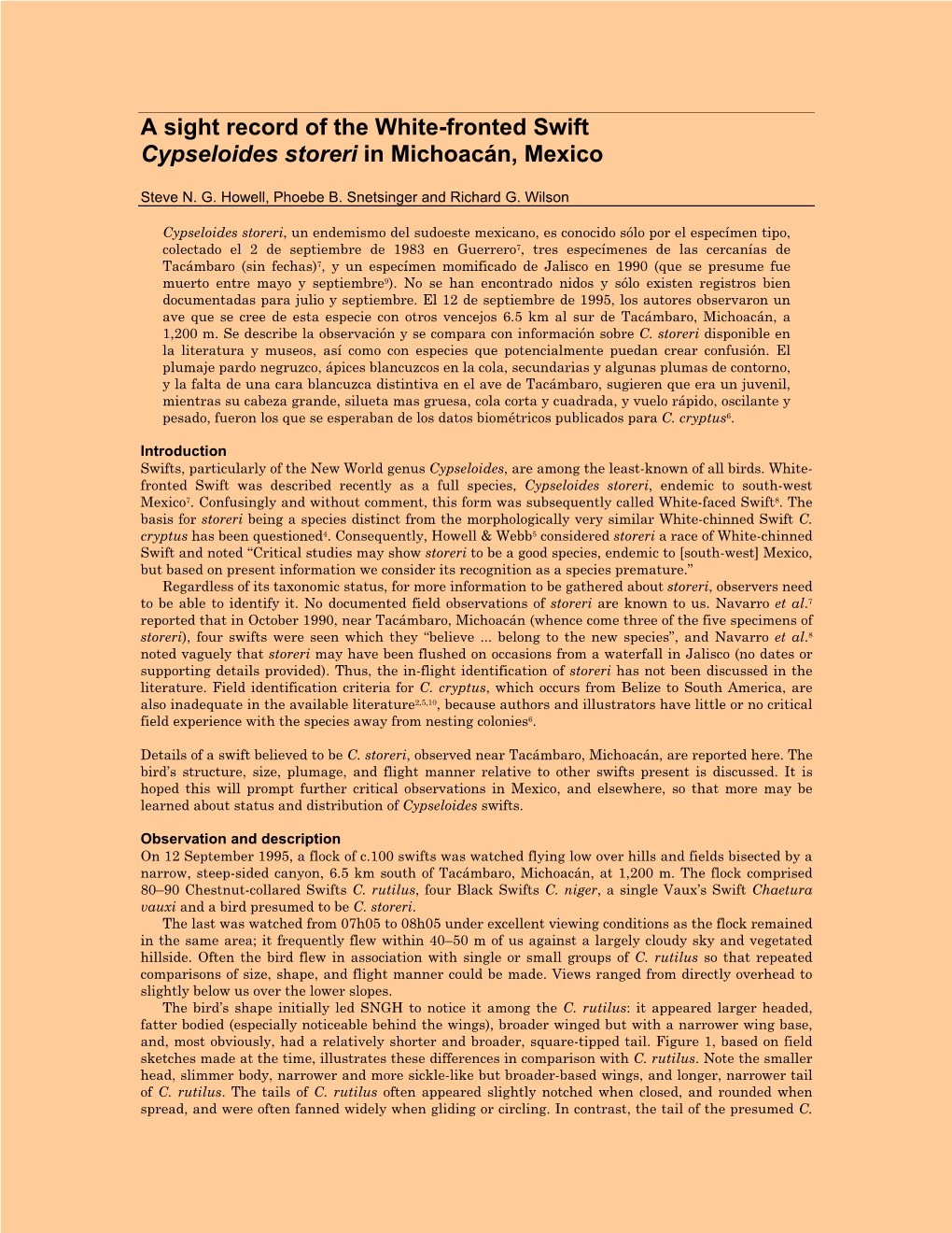 A Sight Record of the White-Fronted Swift Cypseloides Storeri in Michoacán, Mexico