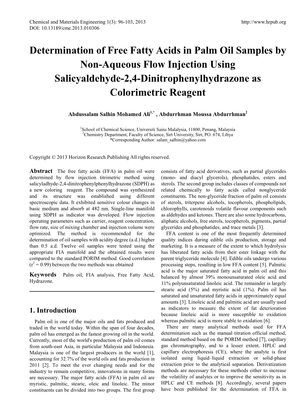 Determination of Free Fatty Acids in Palm Oil Samples by Non-Aqueous Flow Injection Using Salicyaldehyde-2,4-Dinitrophenylhydrazone As Colorimetric Reagent