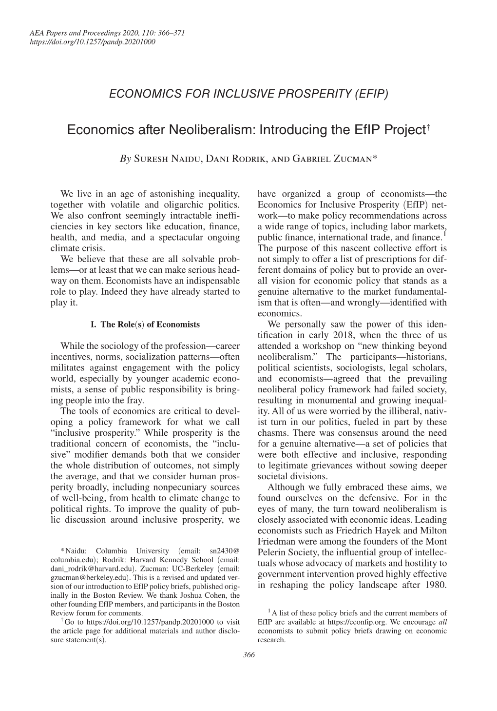 Economics After Neoliberalism: Introducing the Efip Project †