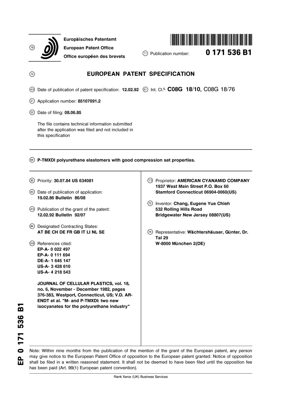 P-TMXDI Polyurethane Elastomers with Good Compression Set Properties